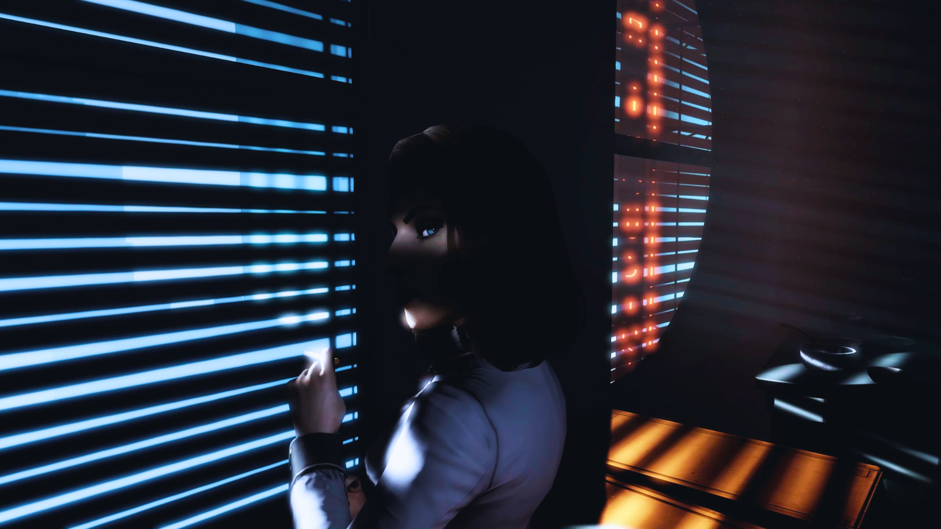 Elizabeth in shadow beside blue-lit blinds